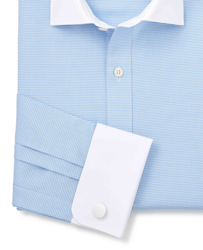 Men's Blue Textured Cotton Puppytooth Slim Fit Winchester Formal Shirt With Double Cuffs sleeve detail
