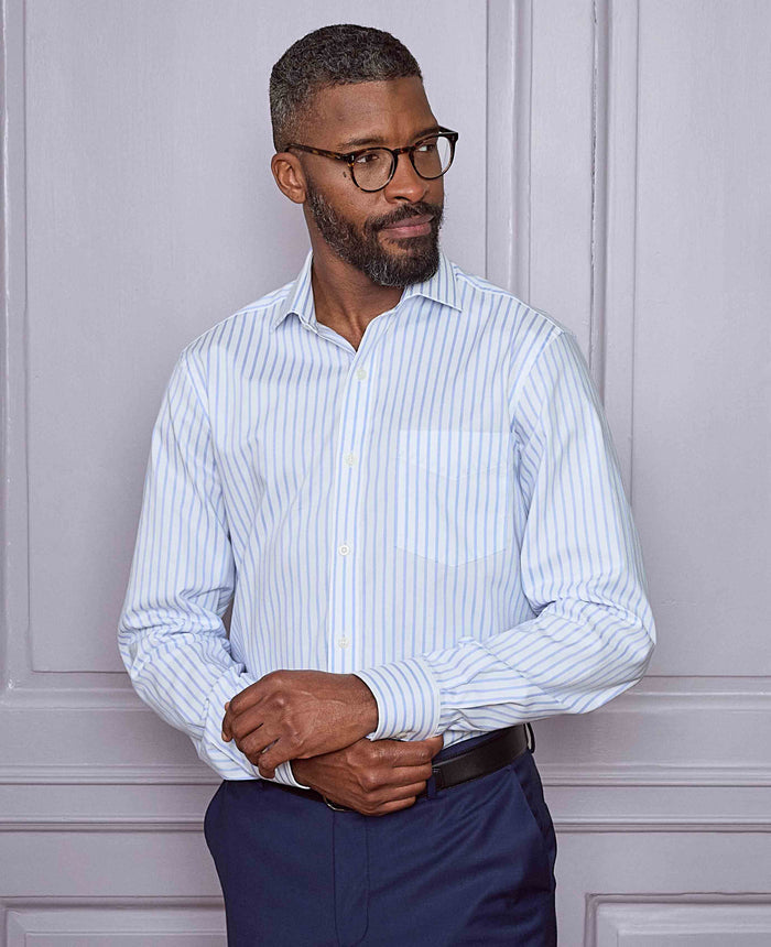 Men's Blue White Cotton Stripe Classic Fit Formal Shirt With Single Cuffs model image 2