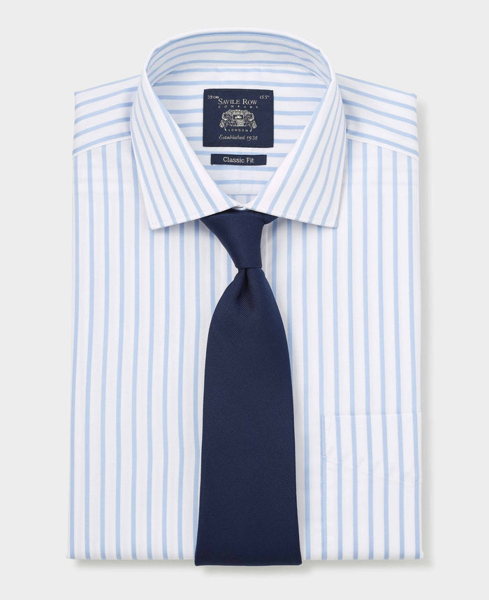 Men's Blue White Cotton Stripe Classic Fit Formal Shirt With Single Cuffs folded with tie