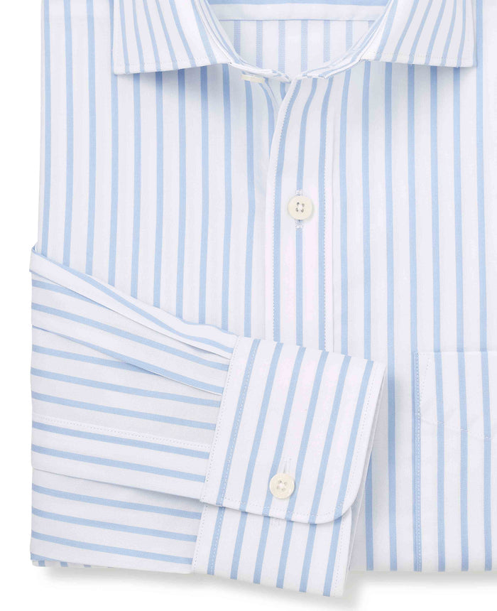 Men's Blue White Cotton Stripe Classic Fit Formal Shirt With Single Cuffs sleeve detail