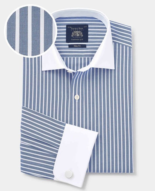 Men's Blue White Cotton Striped Slim Fit Winchester Formal Shirt With Double Cuffs folded shot