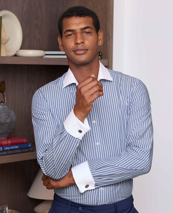 Men's Blue White Cotton Striped Slim Fit Winchester Formal Shirt With Double Cuffs model shot