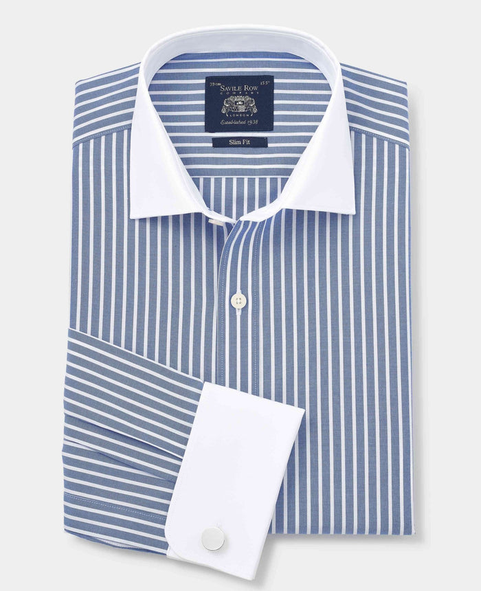 Men's Blue White Cotton Striped Slim Fit Winchester Formal Shirt With Double Cuffs folded