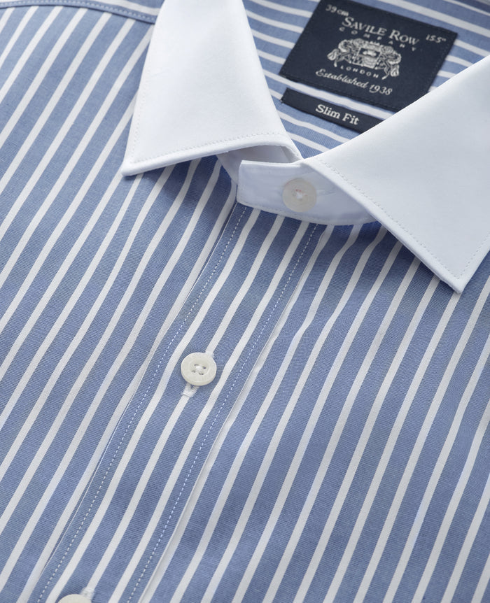 Men's Blue White Cotton Striped Slim Fit Winchester Formal Shirt With Double Cuffs collar detail