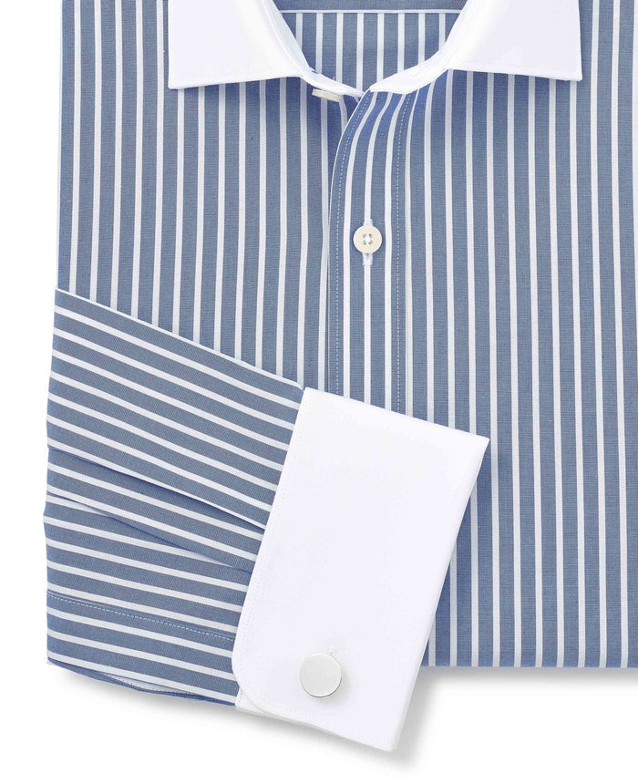 Men's Blue White Cotton Striped Slim Fit Winchester Formal Shirt With Double Cuffs sleeve detail