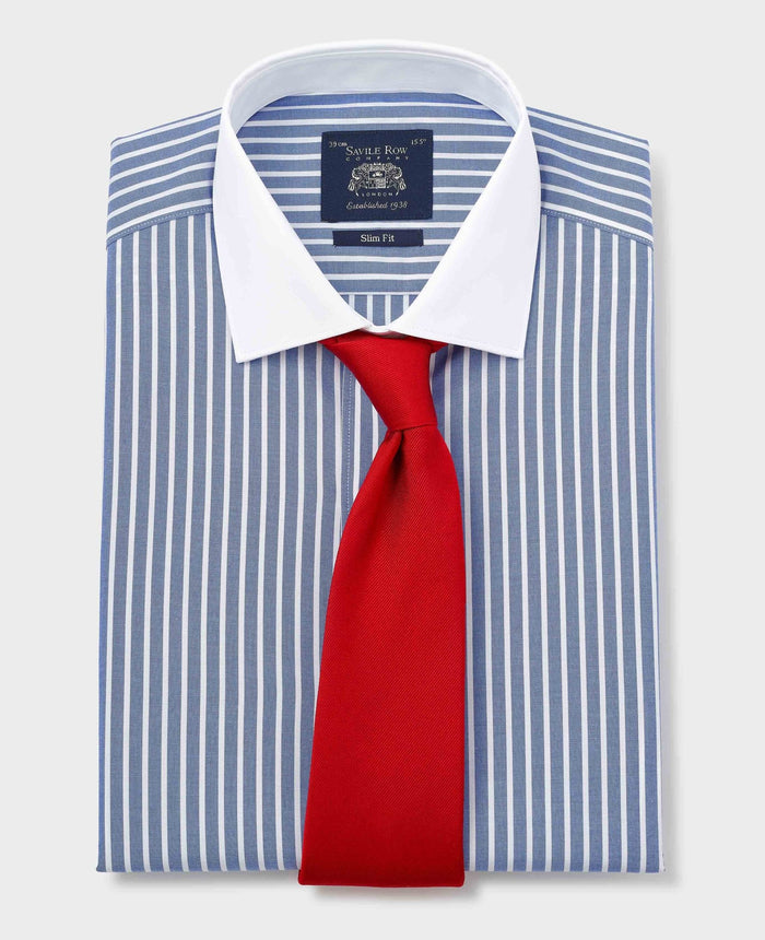 Men's Blue White Cotton Striped Slim Fit Winchester Formal Shirt With Double Cuffs folded with tie