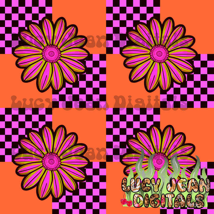 Bright Neon daisies checkered orange/purple Seamless File