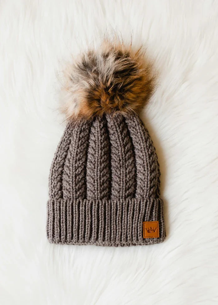 Brown Cable Knit Pom Hat