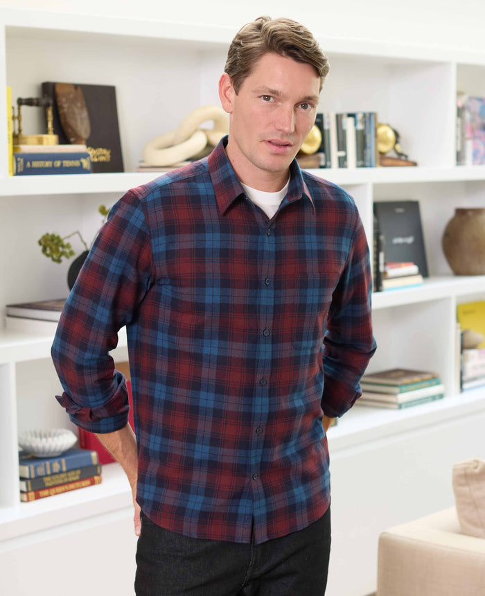 Men's Burgundy Blue Brushed Cotton Check Slim Fit Casual Shirt model shot