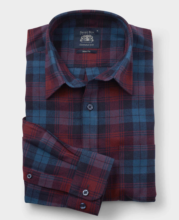 Men's Burgundy Blue Brushed Cotton Check Slim Fit Casual Shirt folded