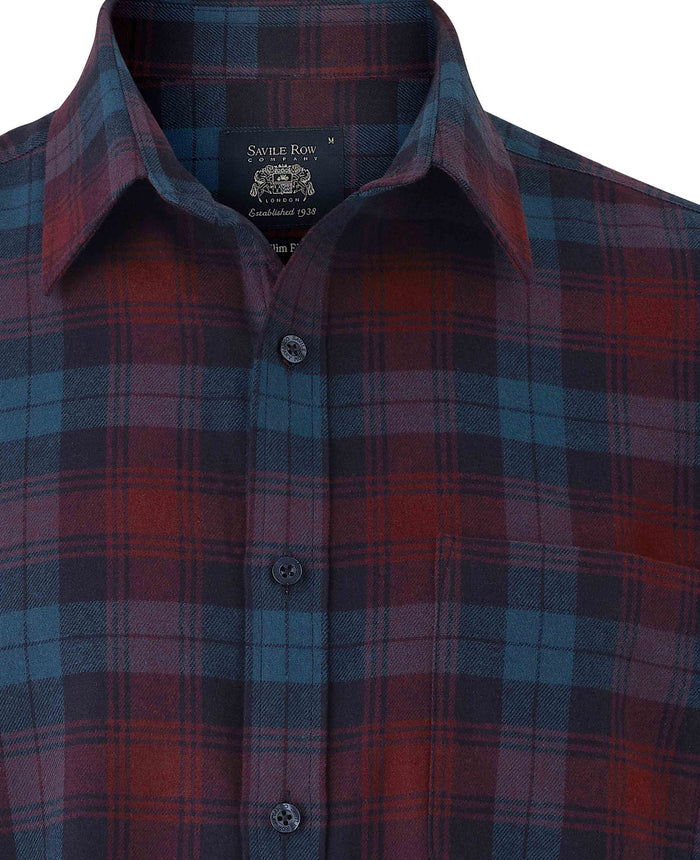 Men's Burgundy Blue Brushed Cotton Check Slim Fit Casual Shirt collar detail