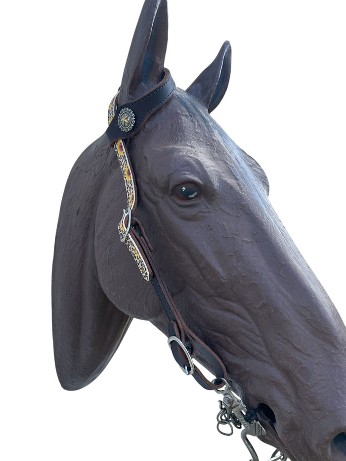 Butter soft cheetah sunflower leather one ear  Headstall with quick change buckles horse size