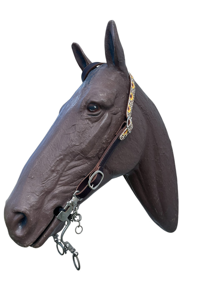 Butter soft cheetah sunflower leather one ear  Headstall with quick change buckles horse size