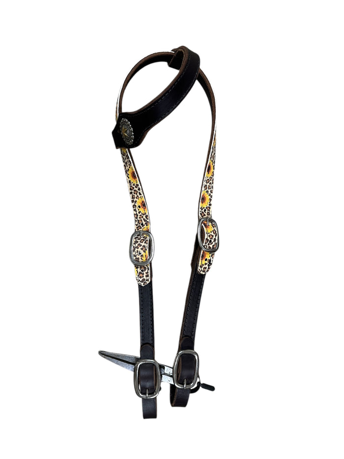 Butter soft cheetah sunflower leather one ear  Headstall with quick change buckles horse size