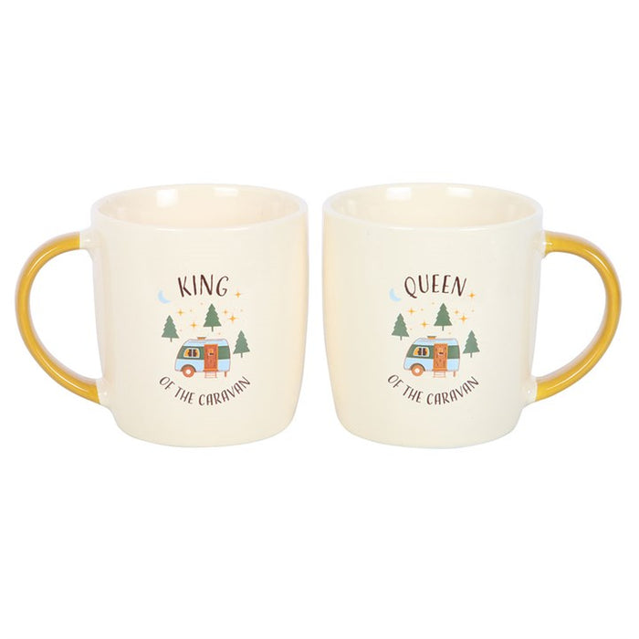 caravan king and queen matching mugs shown from front view with caravan design