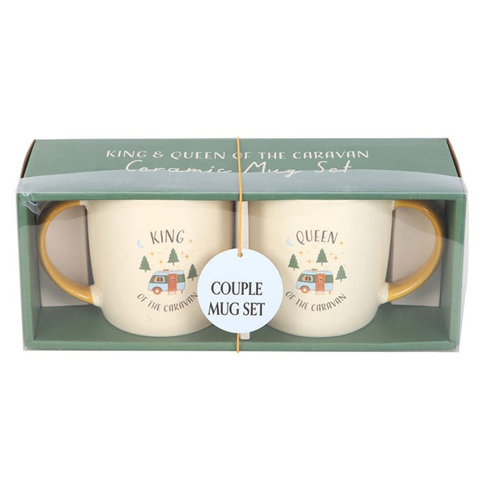 boxed caravan king and queen mug set shown with packaging and caravan artwork