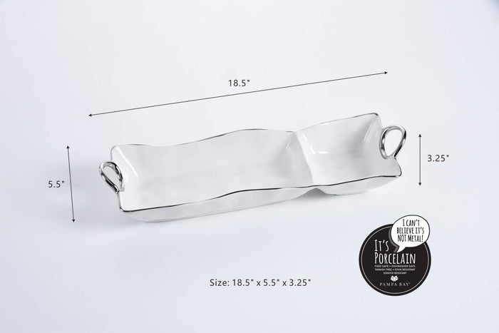 White ceramic tray with dimensions and brand label on a light gray background