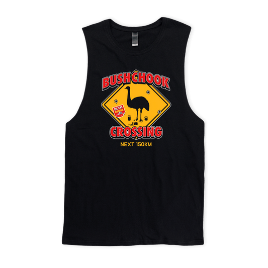 Chook Crossing Muscle Tee Black Muscle Bush Chook