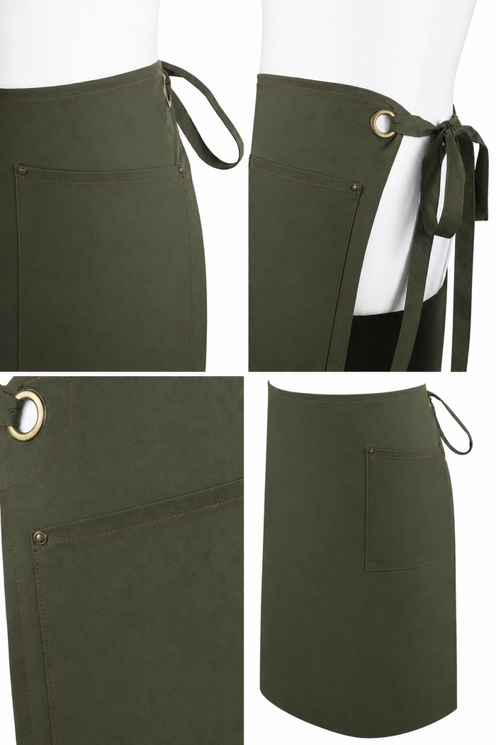 Contrast Stitch Waist Apron 2 Pocket Olive/Chestnut