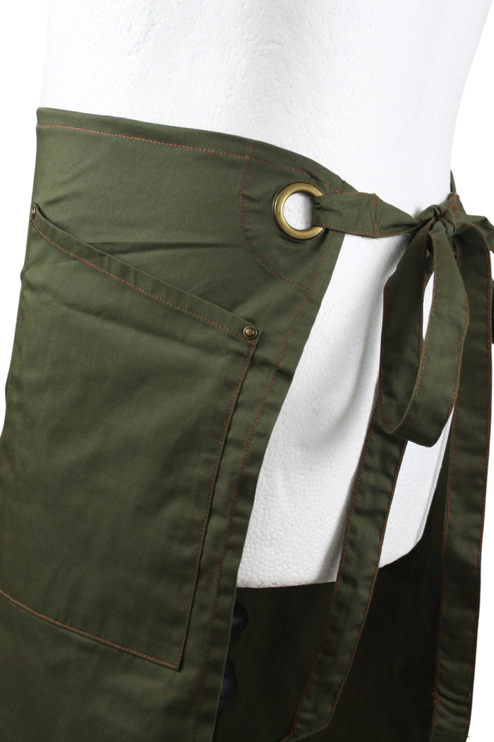 Contrast Stitch Waist Apron 2 Pocket Olive/Chestnut