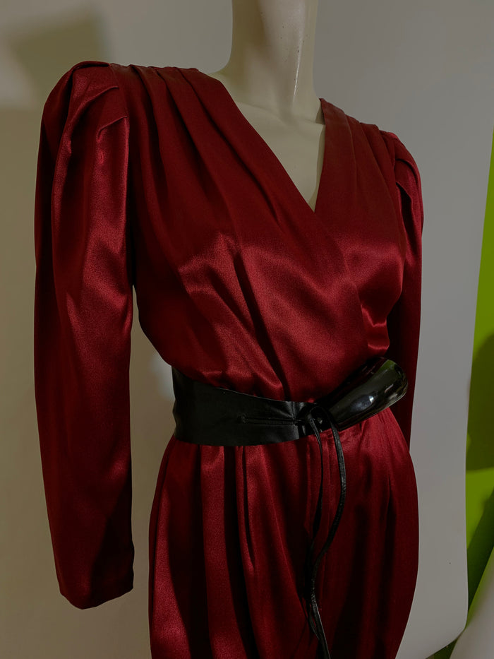 Deep Wine Satin Jumpsuit with Surplice Bodice circa 1980s