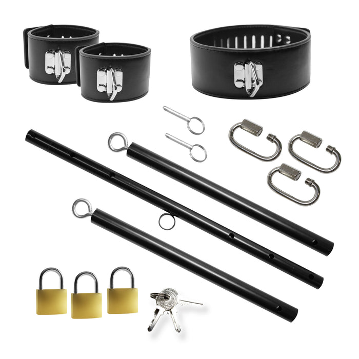 Complete Dominion couples bondage set with spreader bar collar wrist cuffs
carabiners and lock sets