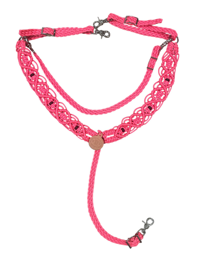 fancy macrame  breast collar salmon pink with black obsidian and a wither strap
