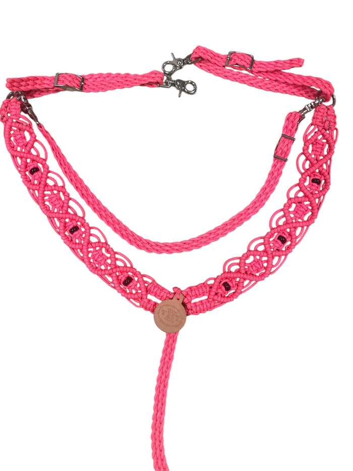 fancy macrame  breast collar salmon pink with black obsidian and a wither strap