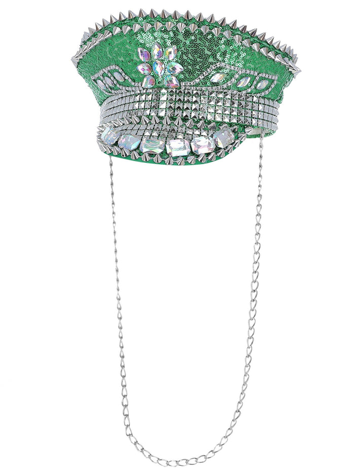 Fever Deluxe Sequin Studded Captains Hat, Green
