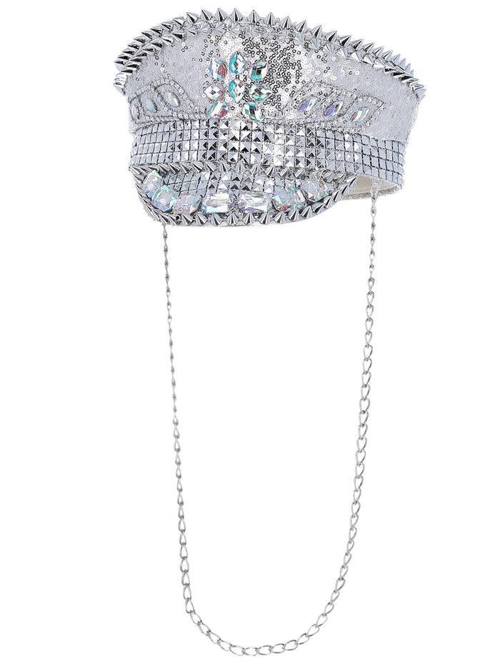 Fever Deluxe Sequin Studded Captains Hat, Silver
