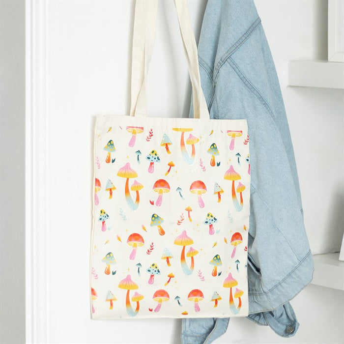 funky mushroom polycotton canvas tote bag featuring vibrant woodland inspired design