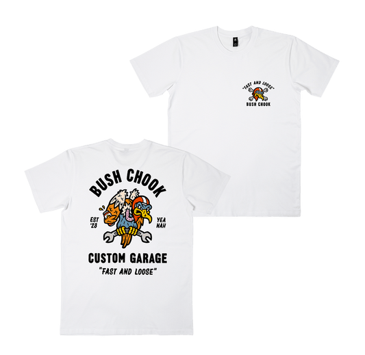 Garage Tee White T-Shirt Bush Chook
