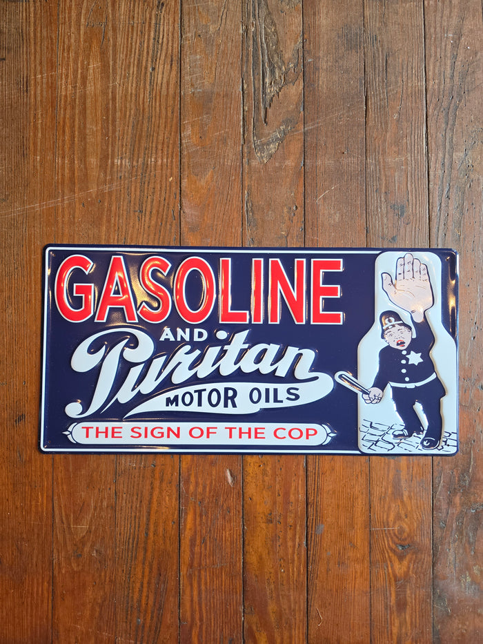 Gasoline and Puritan motor oils metal sign