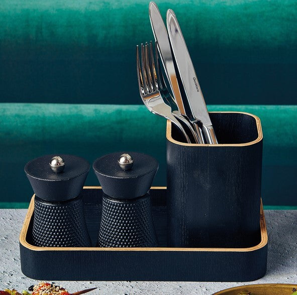 Genware Black Wood Veneer Cutlery Holder