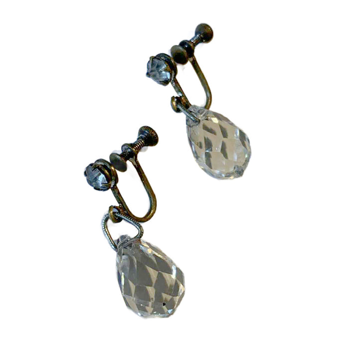 Glamorous Faceted Lead Crystal Droplet Screwback Clip Earrings circa 1940s