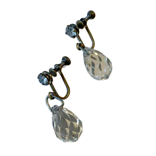 Glamorous Faceted Lead Crystal Droplet Screwback Clip Earrings circa 1940s