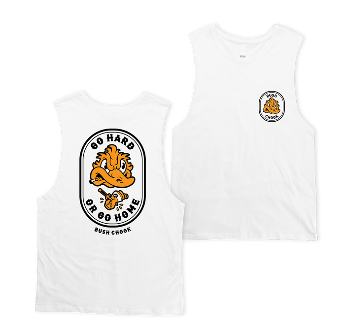 Go Hard or Go Home Muscle Tee White Muscle Bush Chook