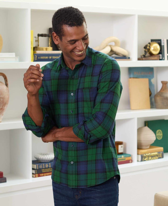 Men's Green Blue Brushed Cotton Check Slim Fit Casual Shirt model shot