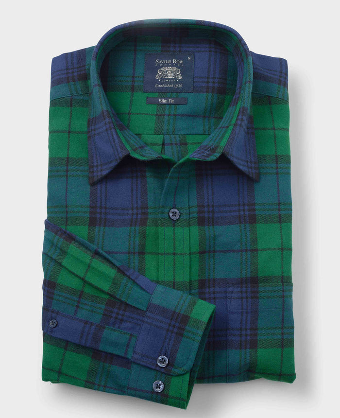 Men's Green Blue Brushed Cotton Check Slim Fit Casual Shirt folded