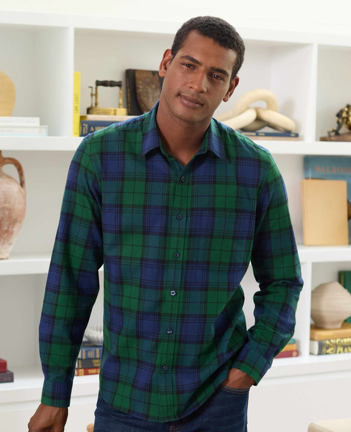 Men's Green Blue Brushed Cotton Check Slim Fit Casual Shirt model shot