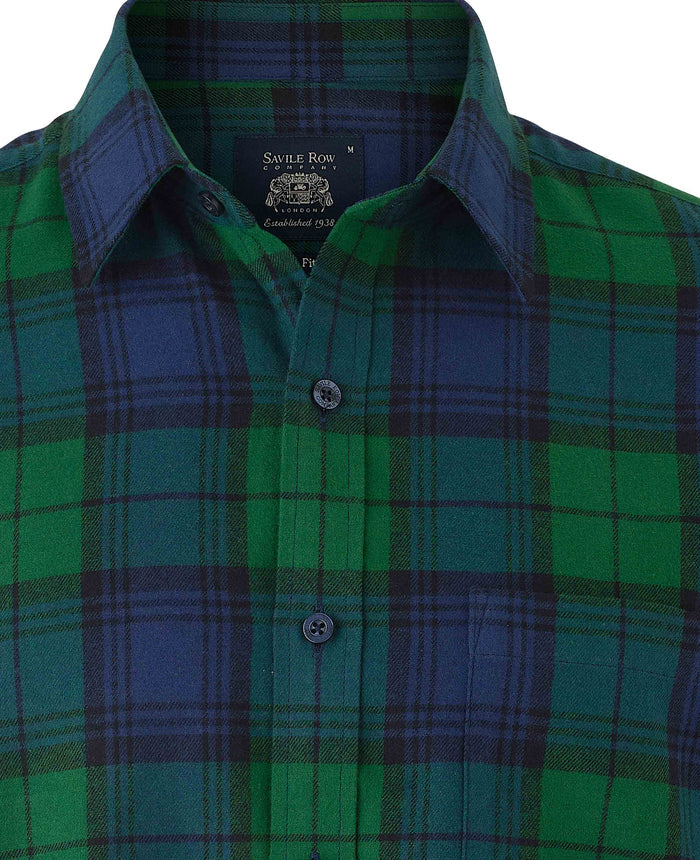 Men's Green Blue Brushed Cotton Check Slim Fit Casual Shirt collar detail
