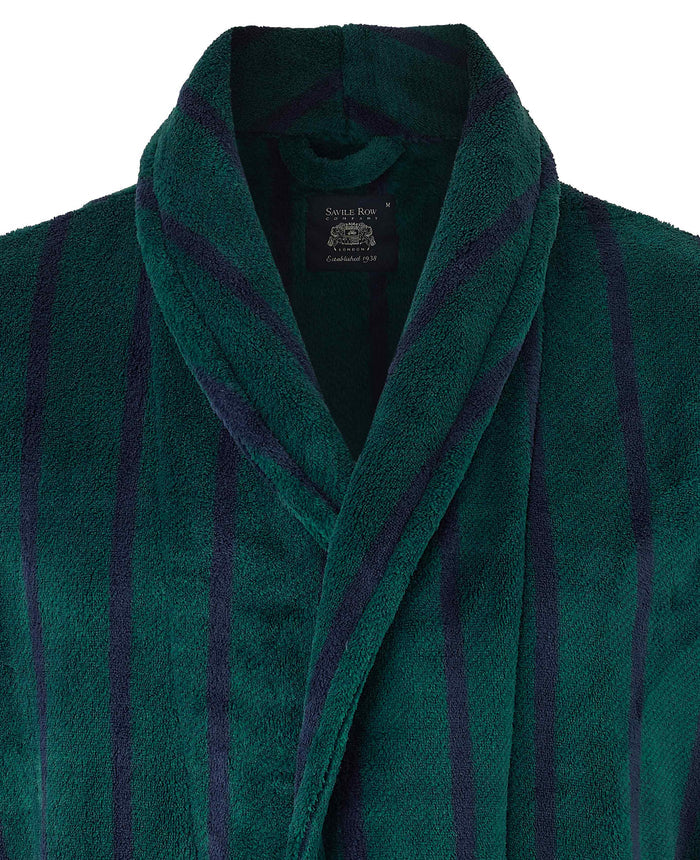 Men's Green Navy Stripe Fleece Dressing Gown collar detail