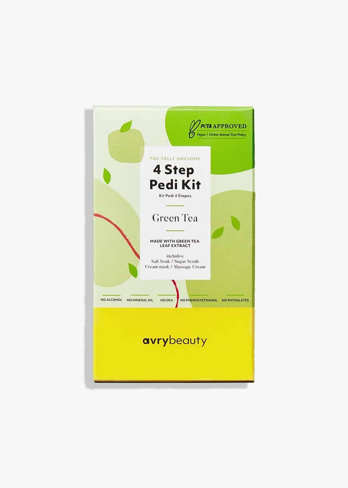 A packaged 4 Step Pedi Kit with green and yellow design elements, labeled for Green Tea infusion.