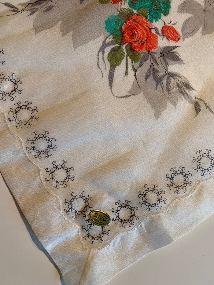 Hand Painted Lilies and Roses Floral Print Handkerchief circa 1950s