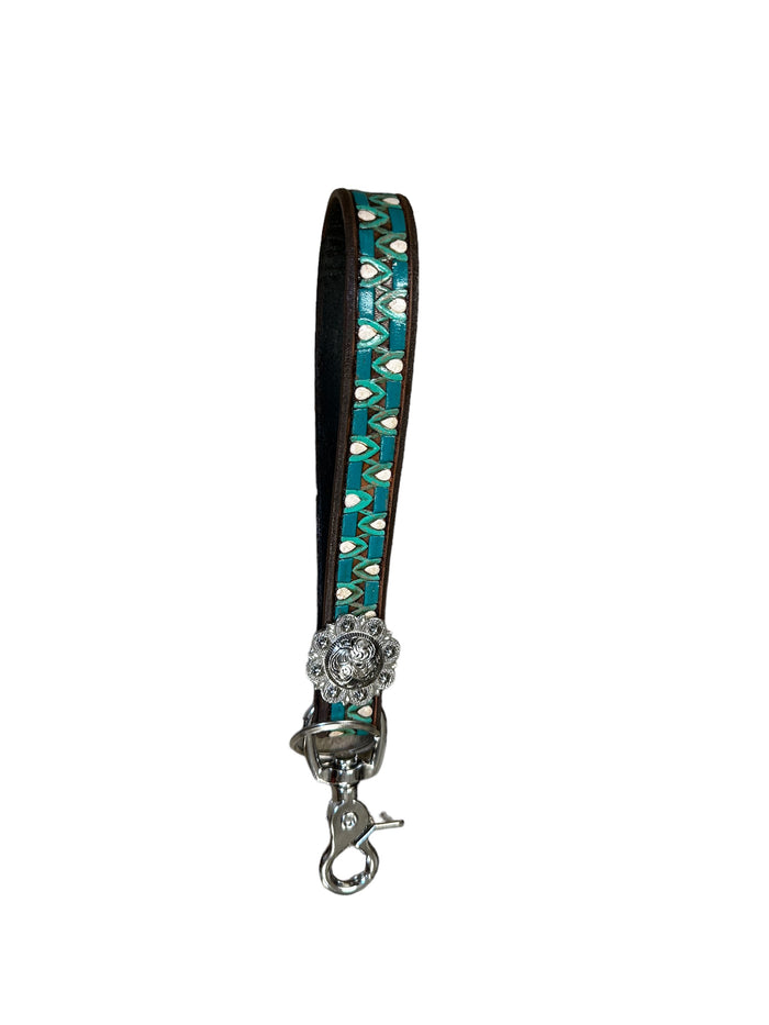 hand tooled and painted key chain wristlet