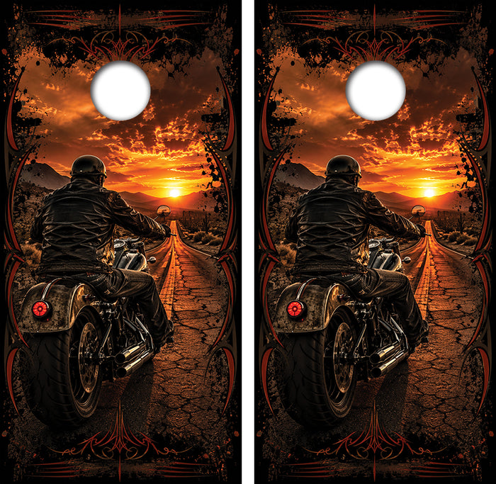 Harley Rider at Sun Set Cornhole Design