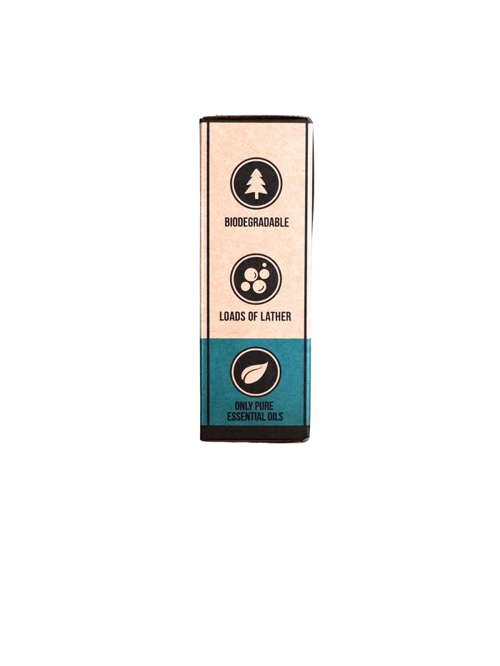 Biodegradable body soap bar with branding on a white background