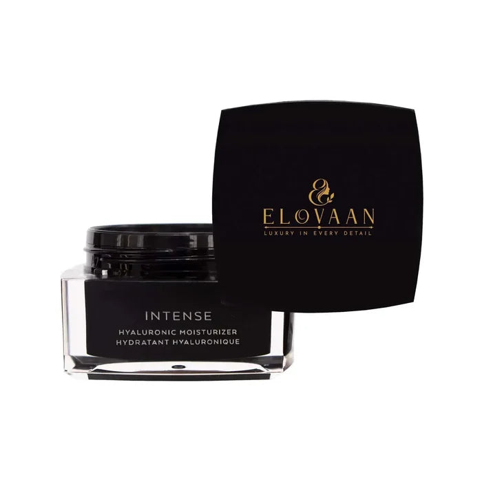 Hyaluronic moisturizer in a clear glass jar with a black lid and black-and-gold Elovaan label, described as neutrogena hydro boost gel cream