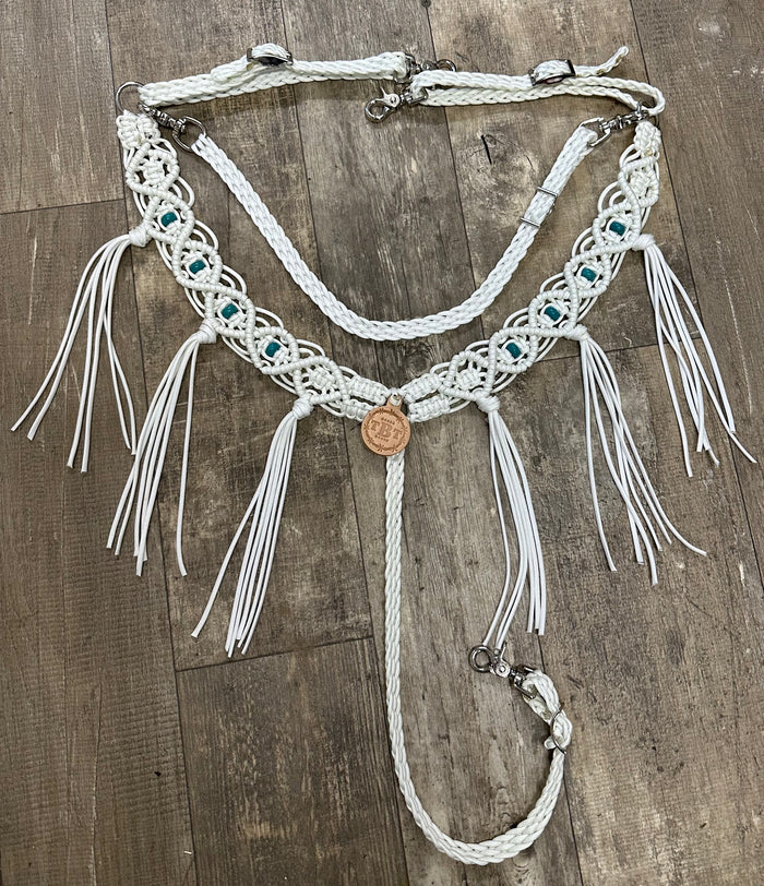 White fancy macrame  fringe breast collar with turquoise howlite beads - Tiffanys Braided Tack LLC