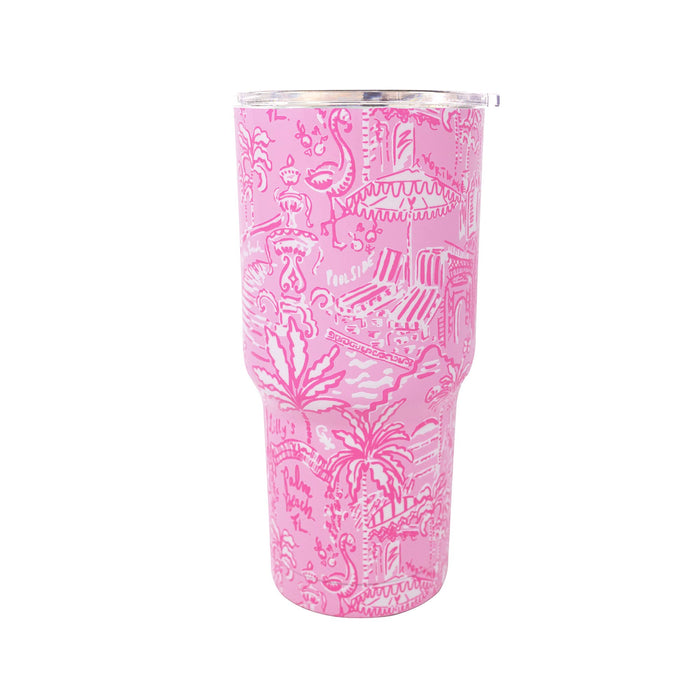 Pink tumbler with a pattern on a white background